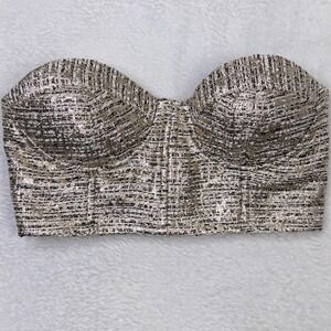 a. drea Womens Small Metallic Tweed Bustier Crop Top Gold Silver Black Party